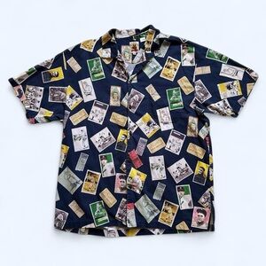 Vintage 1990s Men's Navy Graphic Baseball Card Print Shirt XXL